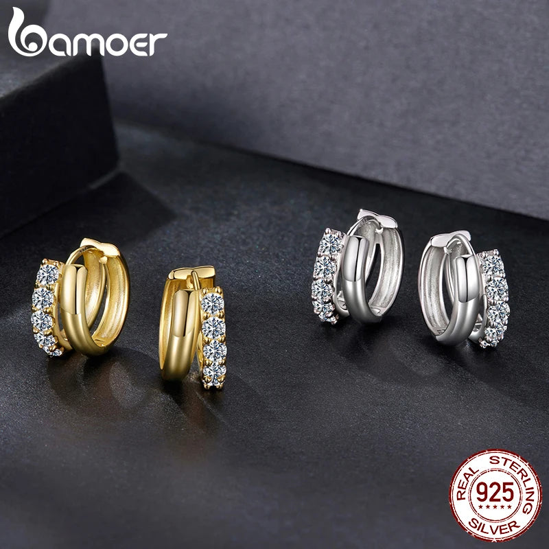 BAMOER 0.3CT Double-layer Moissanite Huggies 925 Silver Sparkling Hoop Earrings for Women