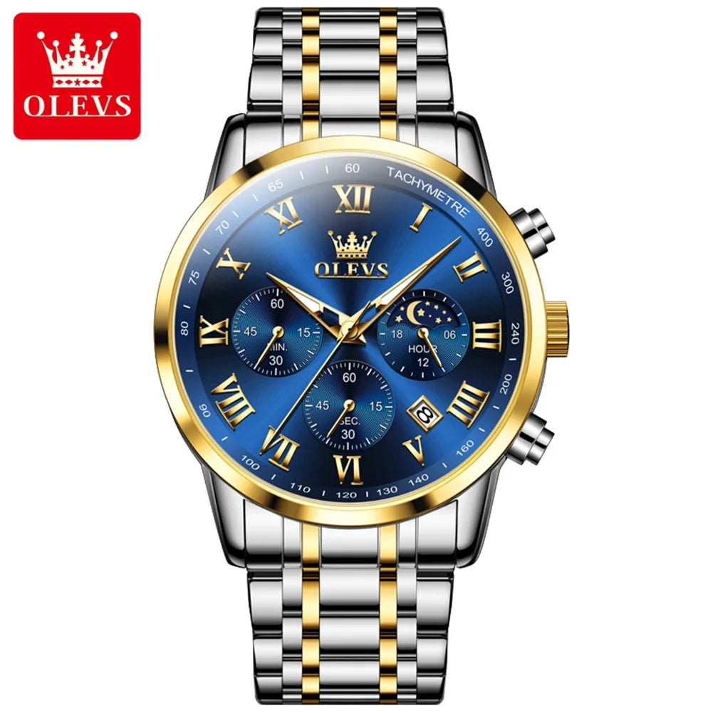 OLEVS Men’s Luxury Quartz Watch – Leather Strap, Waterproof, Moon Phase, Sport & Business Design