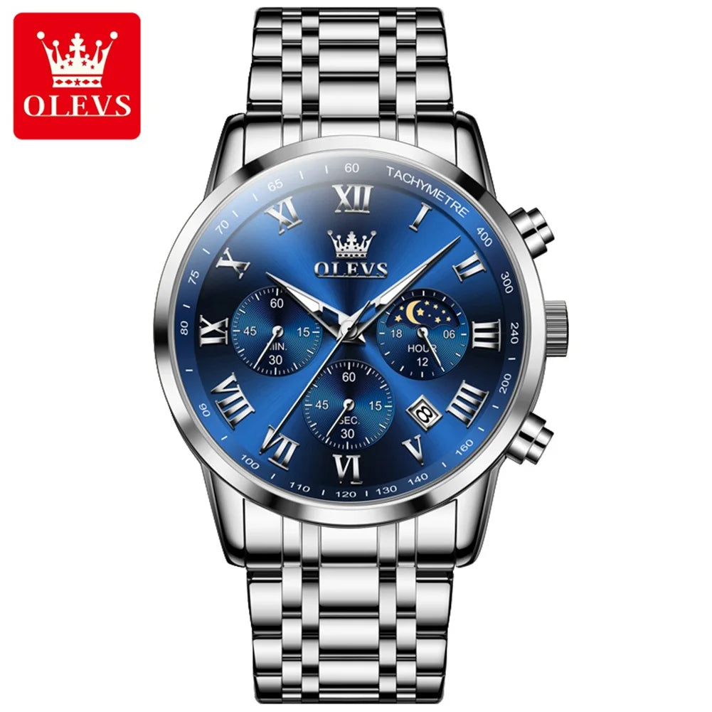 OLEVS Men’s Luxury Quartz Watch – Leather Strap, Waterproof, Moon Phase, Sport & Business Design