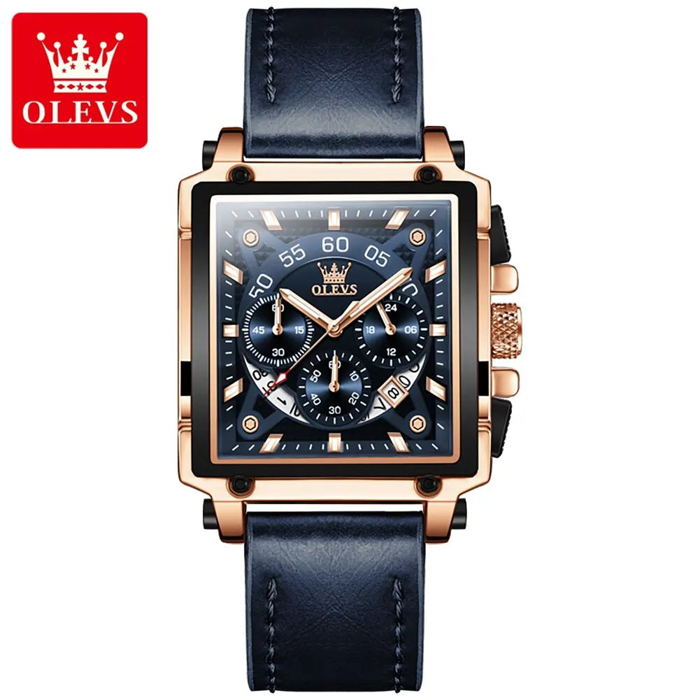OLEVS Men’s Square Quartz Watch – Leather Strap, Waterproof, Sporty & Elegant Design