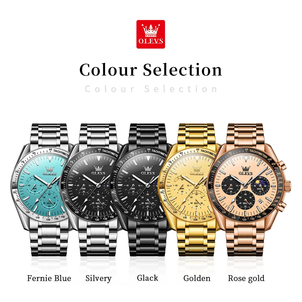 OLEVS Men’s Fashion Skeleton Quartz Watch – Moon Phase, Luminous, Calendar, Waterproof Chronometer