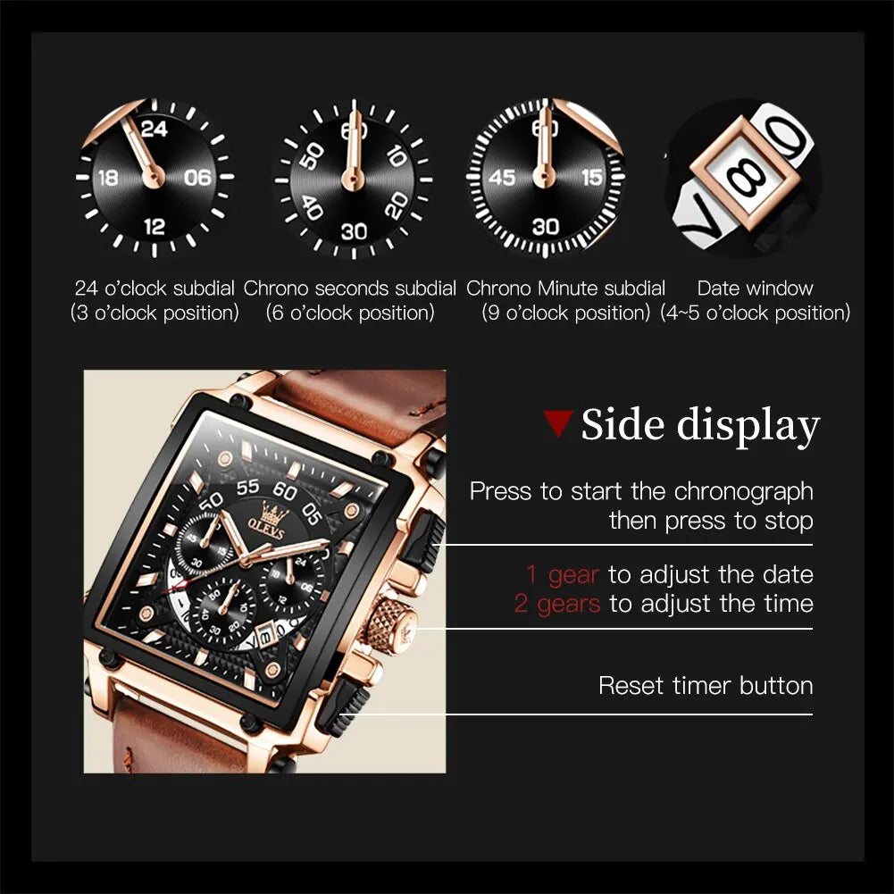 OLEVS Men’s Square Quartz Watch – Leather Strap, Waterproof, Sporty & Elegant Design