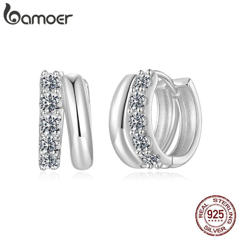 BAMOER 0.3CT Double-layer Moissanite Huggies 925 Silver Sparkling Hoop Earrings for Women