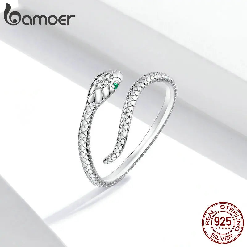BAMOER 925 Silver Platinum Plated Green Zircon Snake Ring