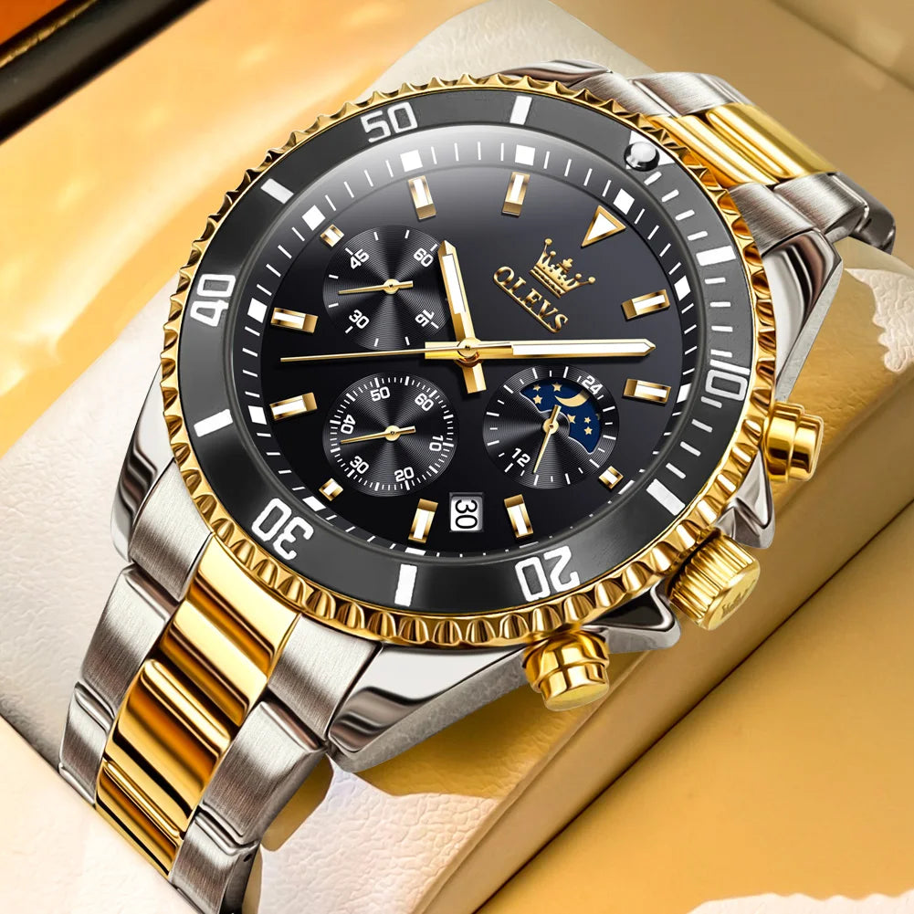 OLEVS 2870 Luxury Men’s Golden Watch – Fashion & Business Design, Waterproof, Moon Phase, Quartz Wristwatch