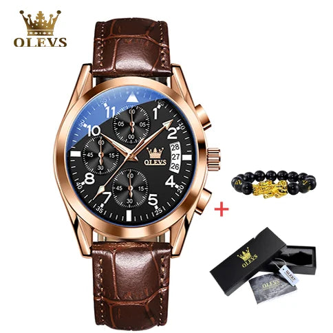 OLEVS 2878 Luxury Men’s Quartz Watch – Leather Strap, Waterproof, Luminous, Multifunctional Business & Sports Design