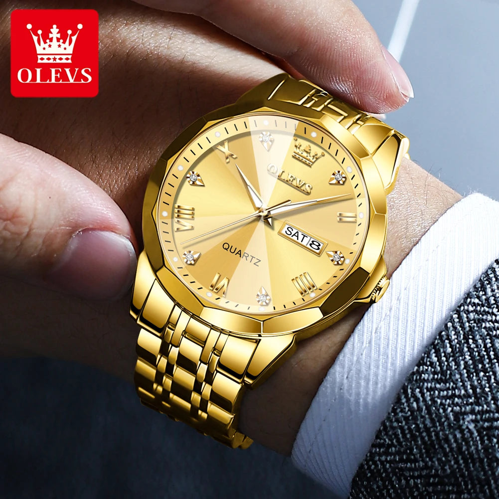 OLEVS Luxury Men’s Quartz Watch – Gold Stainless Steel, Waterproof