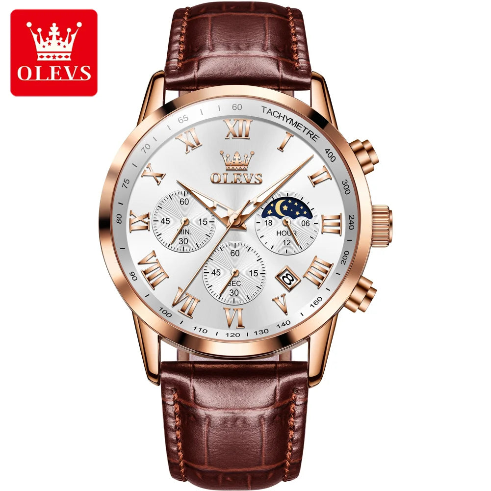 OLEVS Men’s Luxury Quartz Watch – Leather Strap, Waterproof, Moon Phase, Sport & Business Design