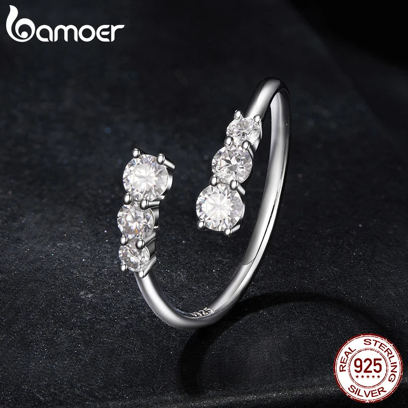 BAMOER Moissanite Adjustable 925 Silver Ring – Elegant White Gold Plated Engagement Jewelry