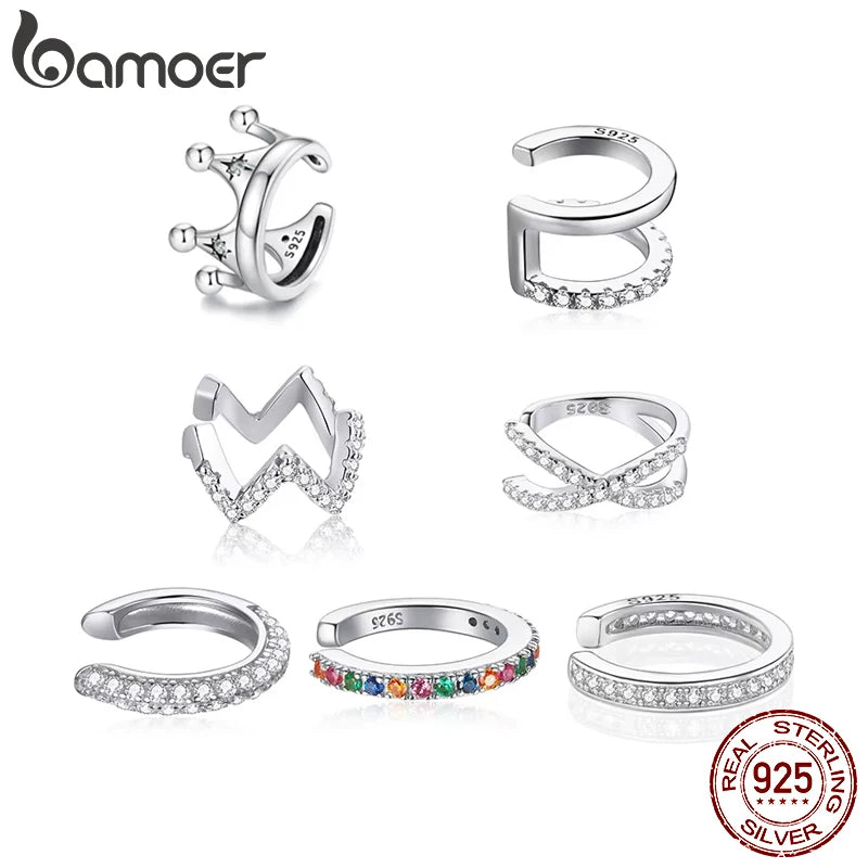 BAMOER 925 Sterling Silver CZ Mono-Earring Clip – Platinum Plated Stud for Women