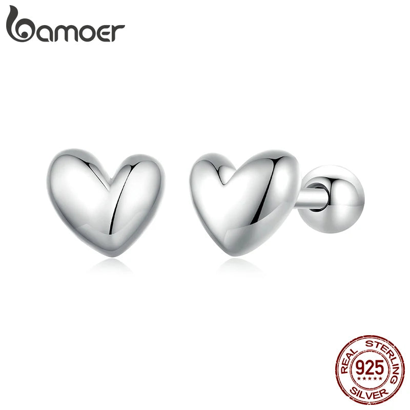 BAMOER 925 Sterling Silver Mini Heart Stud Earrings Platinum Plated Simple Glossy Earrings
