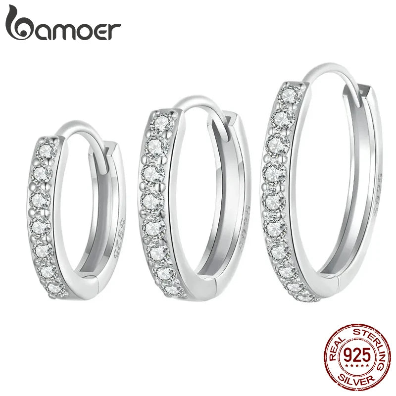 BAMOER CZ White Gold Huggie Hoop Earrings