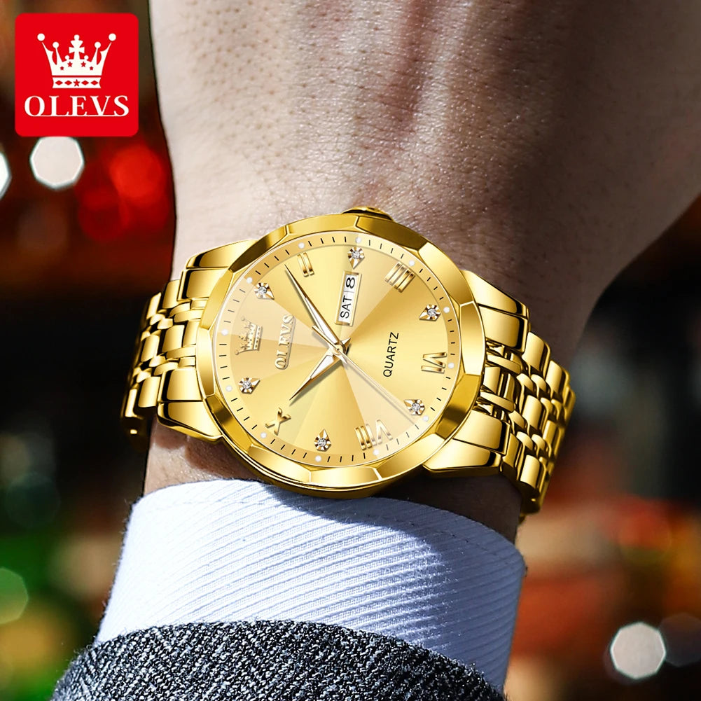 OLEVS Luxury Men’s Quartz Watch – Gold Stainless Steel, Waterproof