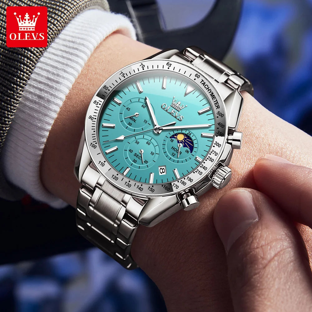 OLEVS Men’s Fashion Skeleton Quartz Watch – Moon Phase, Luminous, Calendar, Waterproof Chronometer