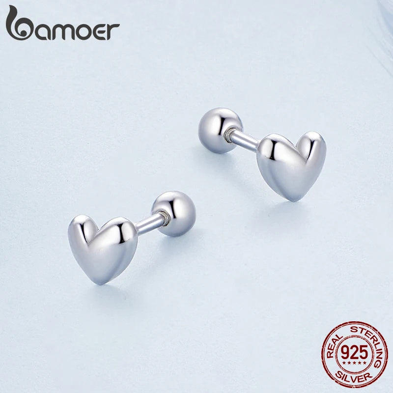 BAMOER 925 Sterling Silver Mini Heart Stud Earrings Platinum Plated Simple Glossy Earrings