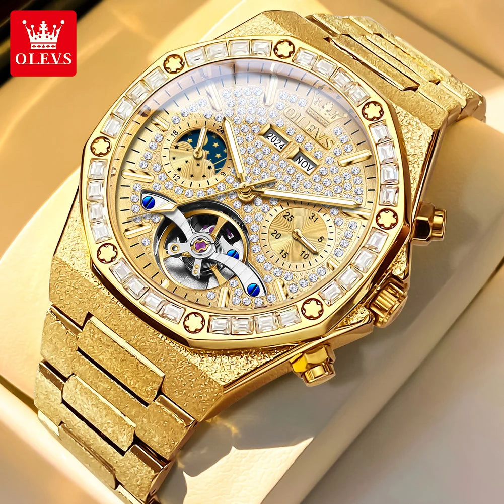 OLEVS 9805 Luxury Mechanical Men’s Watch – Moon Phase, Diamond Dial, Skeleton Design, Waterproof