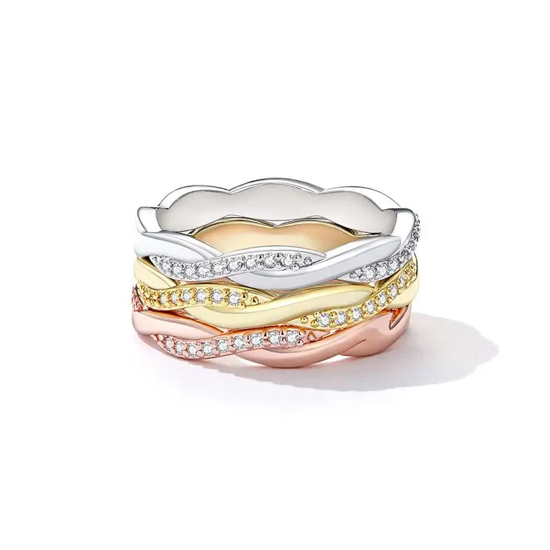 BAMOER 925 Silver Twisted CZ Gold Ring for Women