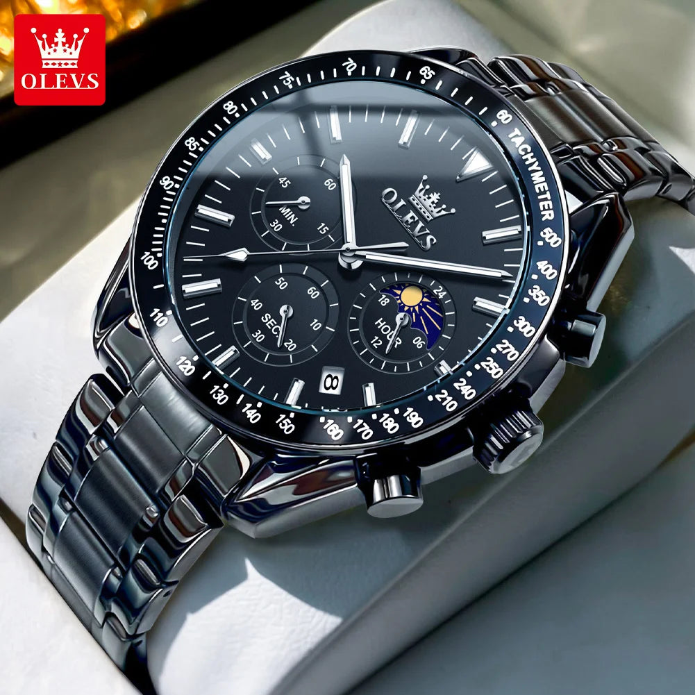 OLEVS Men’s Fashion Skeleton Quartz Watch – Moon Phase, Luminous, Calendar, Waterproof Chronometer