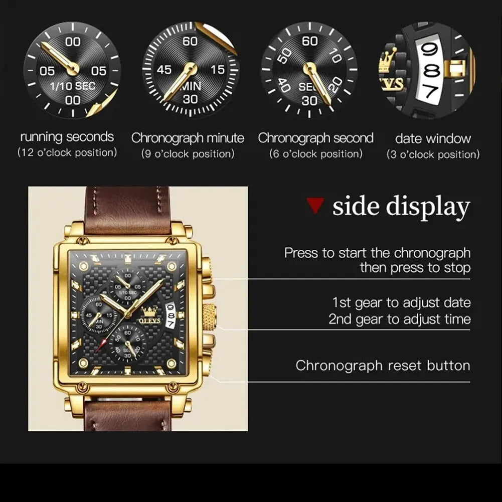OLEVS Men’s Square Quartz Watch – Leather Strap, Waterproof, Luminous Chronograph, Luxury Sports Design