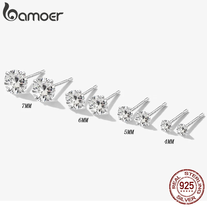 Bamoer CZ Round Stud Earrings 4-7mm 925 Silver BSE166