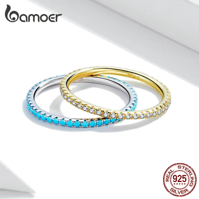 BAMOER Gold Plated 925 Silver Zircon Stacking Ring for Women