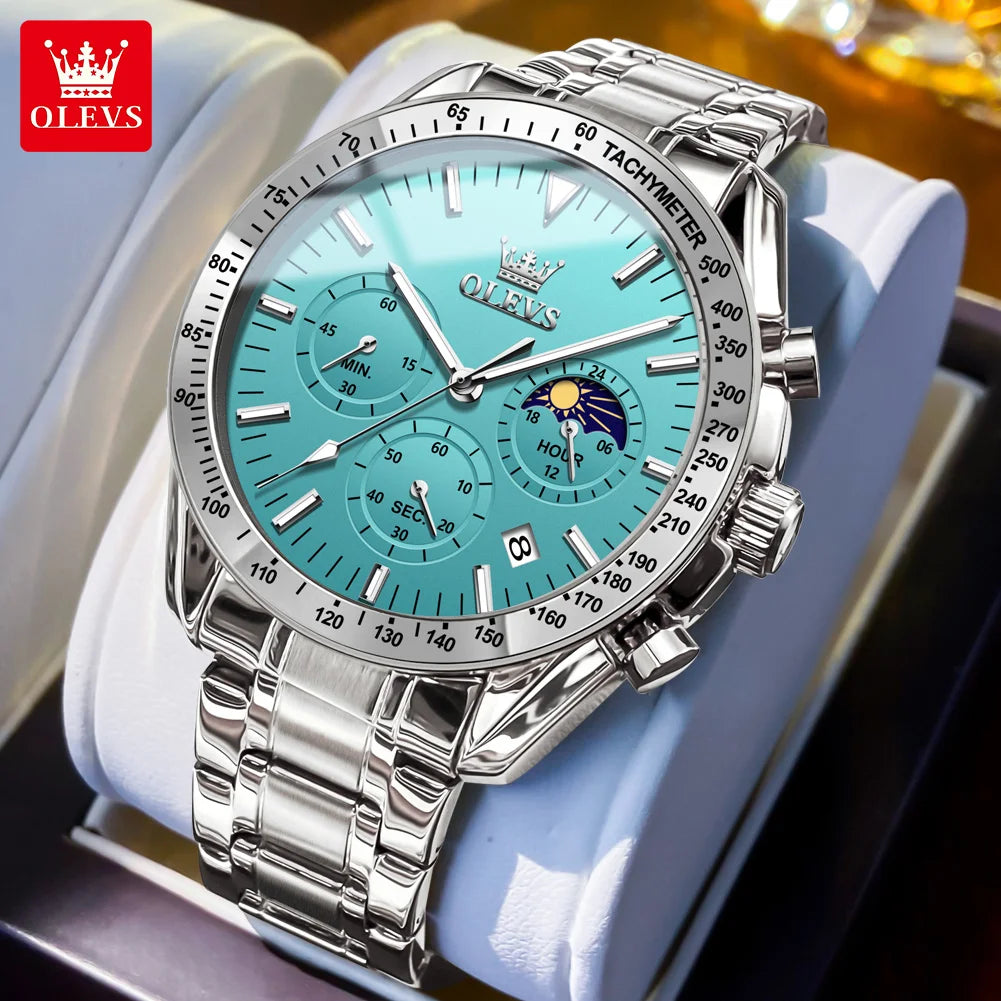 OLEVS Men’s Fashion Skeleton Quartz Watch – Moon Phase, Luminous, Calendar, Waterproof Chronometer