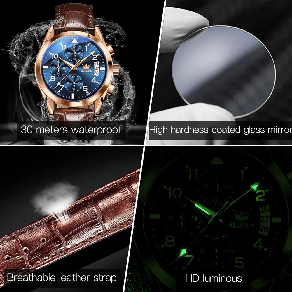 OLEVS 2878 Luxury Men’s Quartz Watch – Leather Strap, Waterproof, Luminous, Multifunctional Business & Sports Design