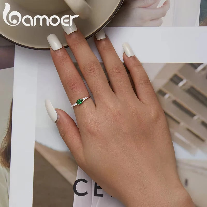 BAMOER Green Zirconium 925 Silver Ring – Elegant Women’s Jewelry