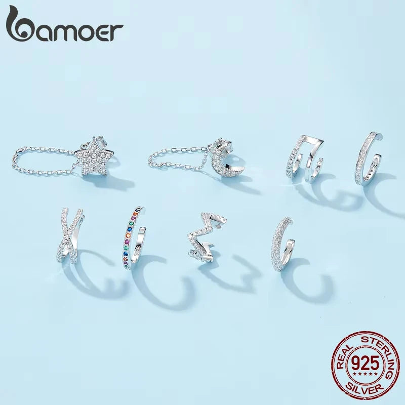 BAMOER 925 Sterling Silver CZ Mono-Earring Clip – Platinum Plated Stud for Women