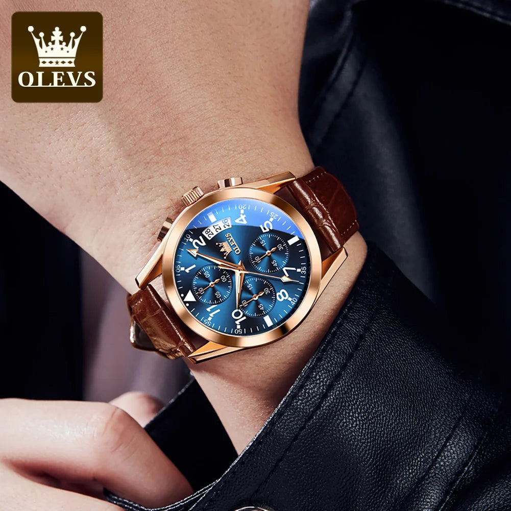OLEVS 2878 Luxury Men’s Quartz Watch – Leather Strap, Waterproof, Luminous, Multifunctional Business & Sports Design