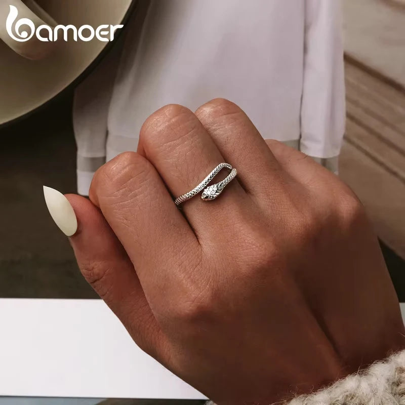 BAMOER 925 Silver Platinum Plated Green Zircon Snake Ring