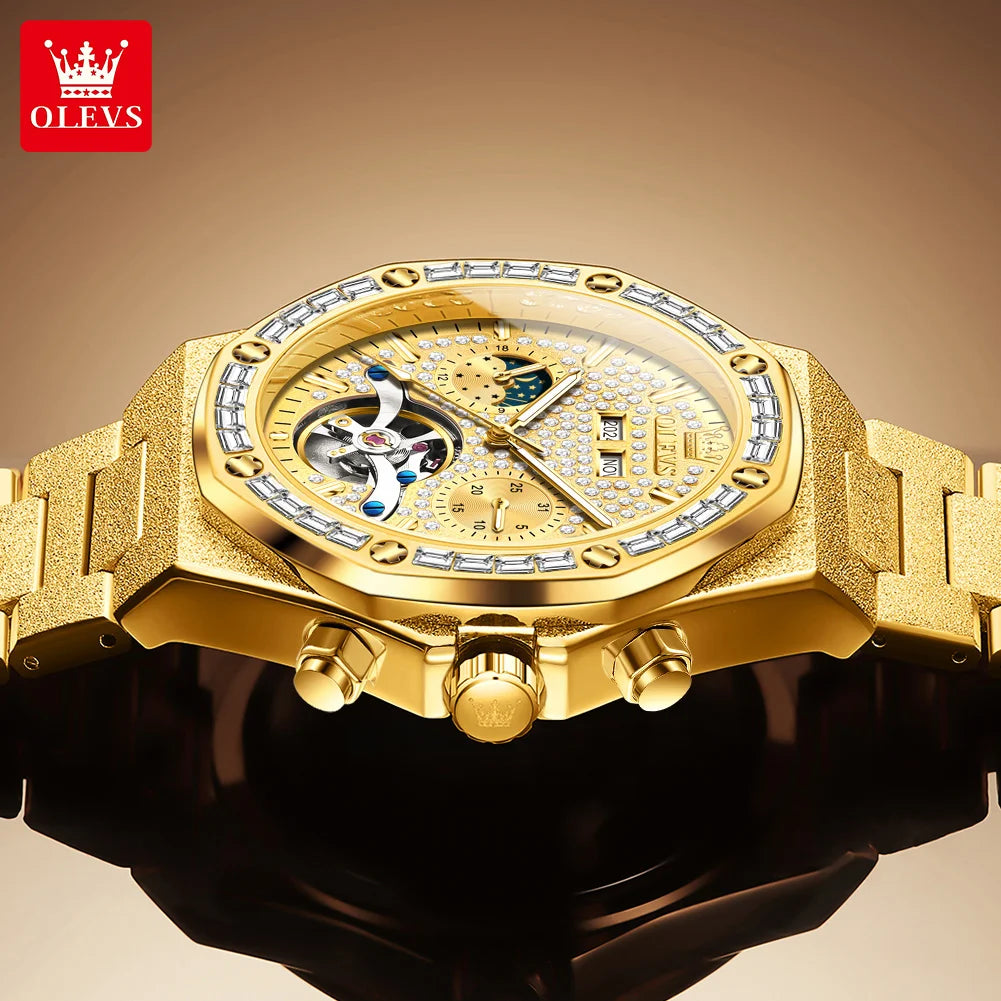 OLEVS 9805 Luxury Mechanical Men’s Watch – Moon Phase, Diamond Dial, Skeleton Design, Waterproof