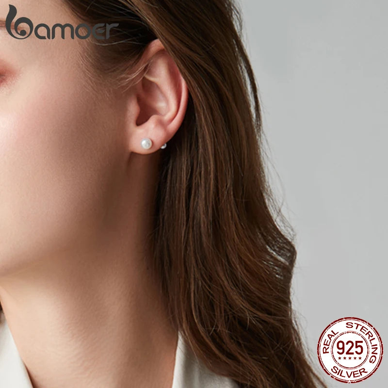 BAMOER Pearl Charm Silver Stud Earrings