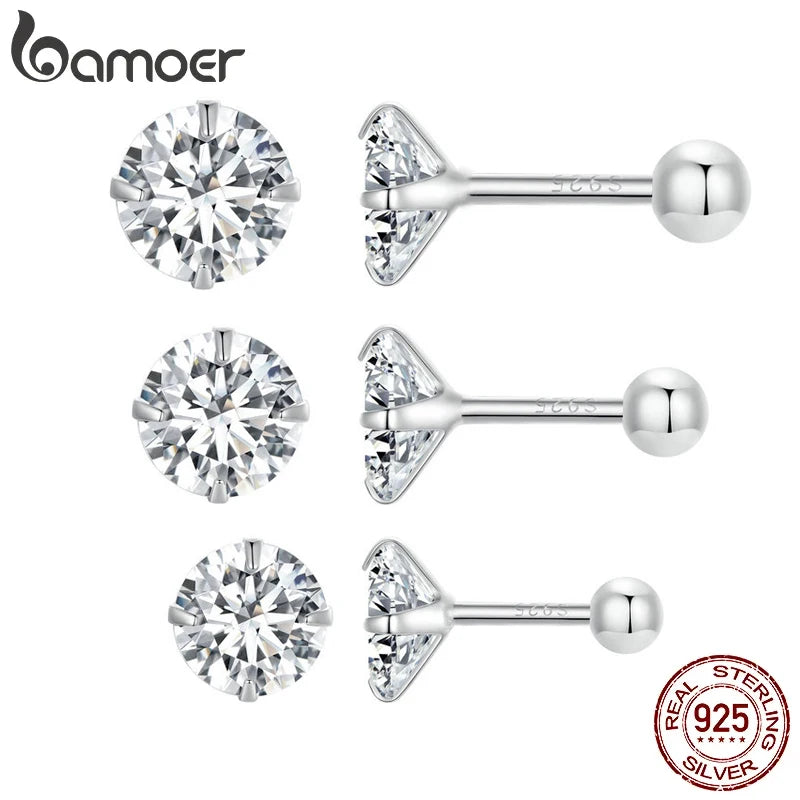 BAMOER 925 Sterling Silver CZ Round Stud Earrings – Platinum Plated, Hypoallergenic