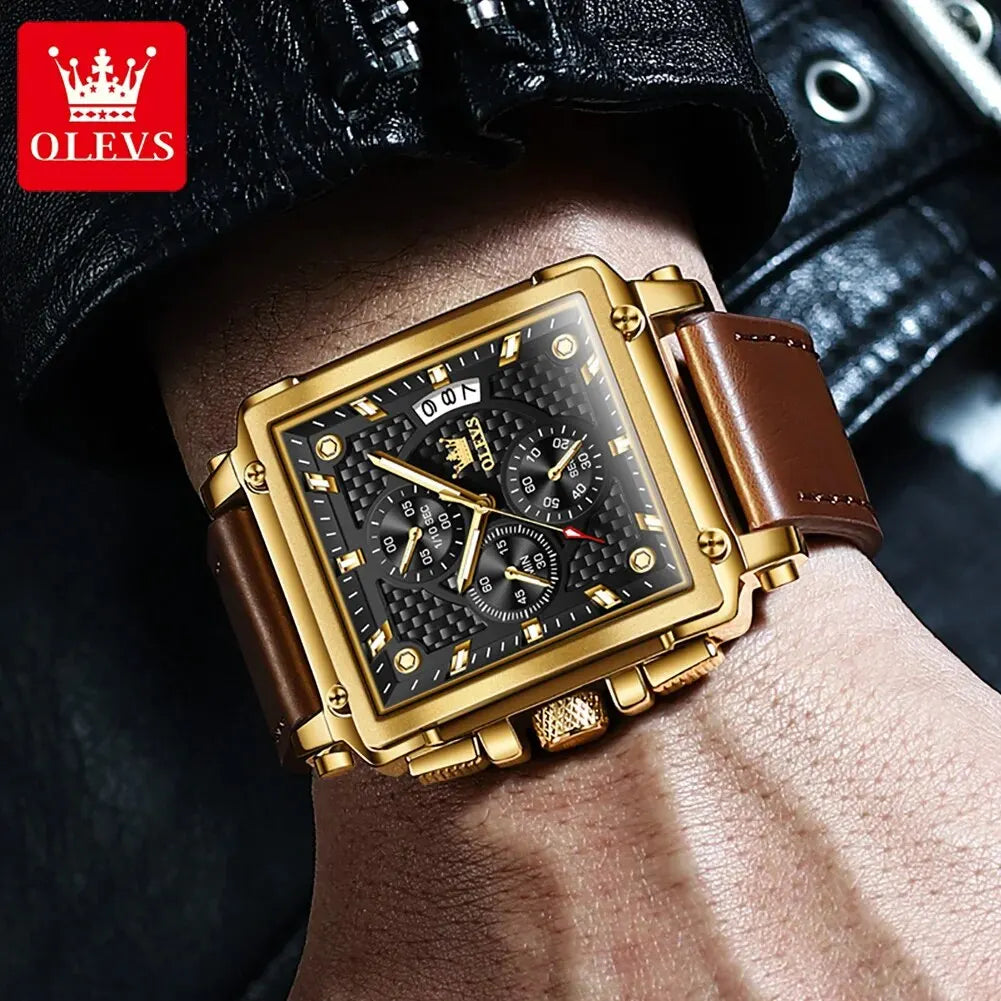 OLEVS Men’s Square Quartz Watch – Leather Strap, Waterproof, Luminous Chronograph, Luxury Sports Design
