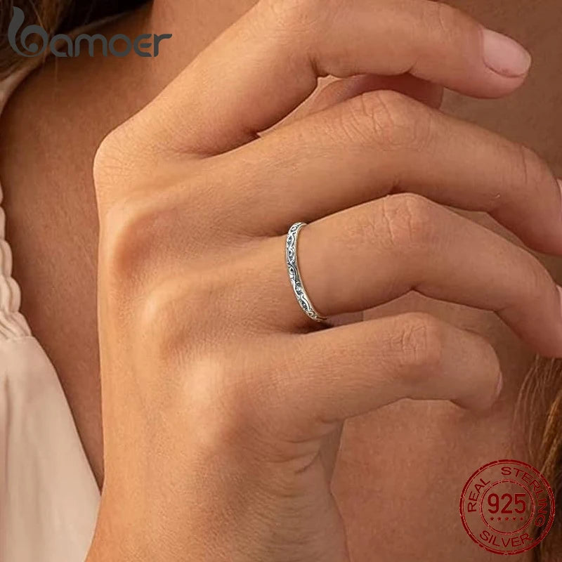 BAMOER 925 Silver Vintage Vine Band Ring for Women
