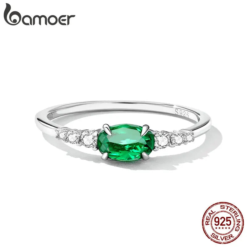 BAMOER Green Zirconium 925 Silver Ring – Elegant Women’s Jewelry