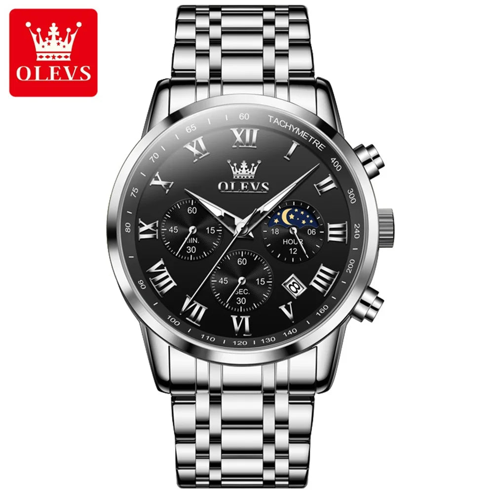 OLEVS Men’s Luxury Quartz Watch – Leather Strap, Waterproof, Moon Phase, Sport & Business Design