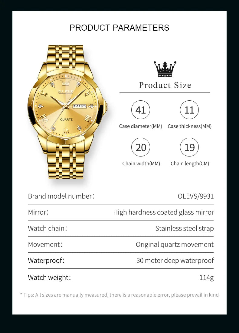OLEVS Luxury Men’s Quartz Watch – Gold Stainless Steel, Waterproof