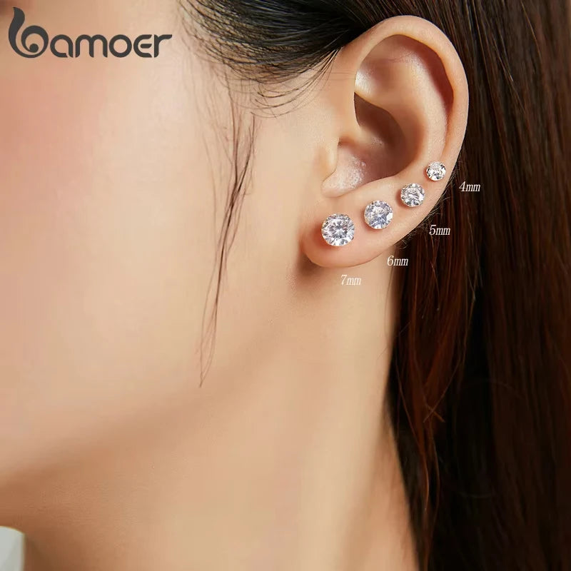 Bamoer CZ Round Stud Earrings 4-7mm 925 Silver BSE166