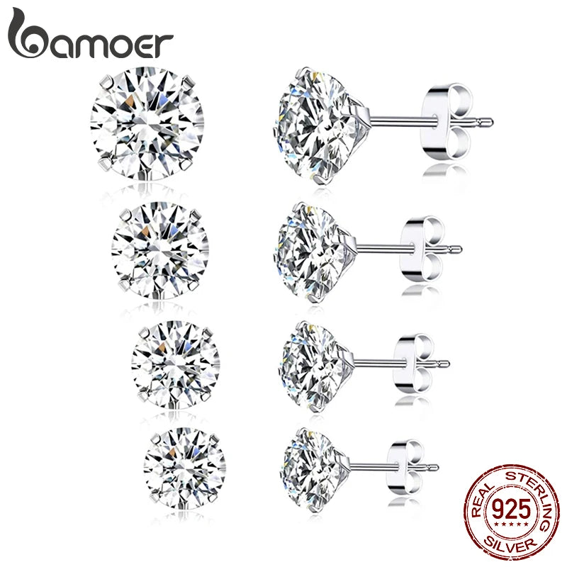Bamoer CZ Round Stud Earrings 4-7mm 925 Silver BSE166