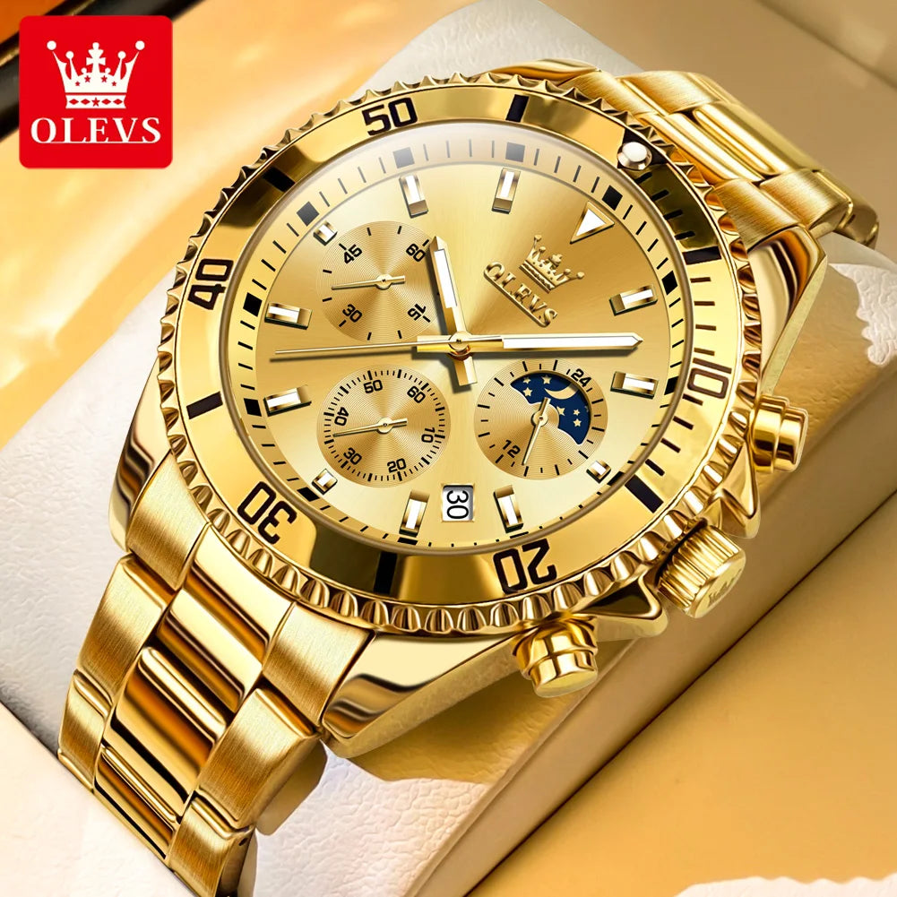 OLEVS 2870 Luxury Men’s Golden Watch – Fashion & Business Design, Waterproof, Moon Phase, Quartz Wristwatch