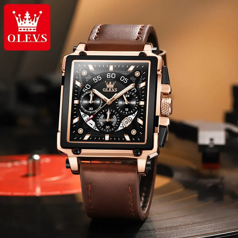 OLEVS Men’s Square Quartz Watch – Leather Strap, Waterproof, Sporty & Elegant Design