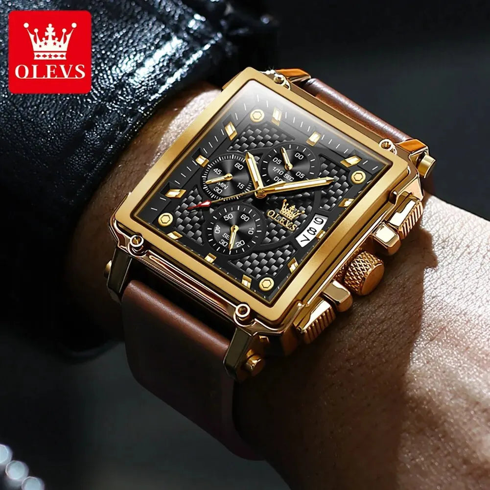 OLEVS Men’s Square Quartz Watch – Leather Strap, Waterproof, Luminous Chronograph, Luxury Sports Design