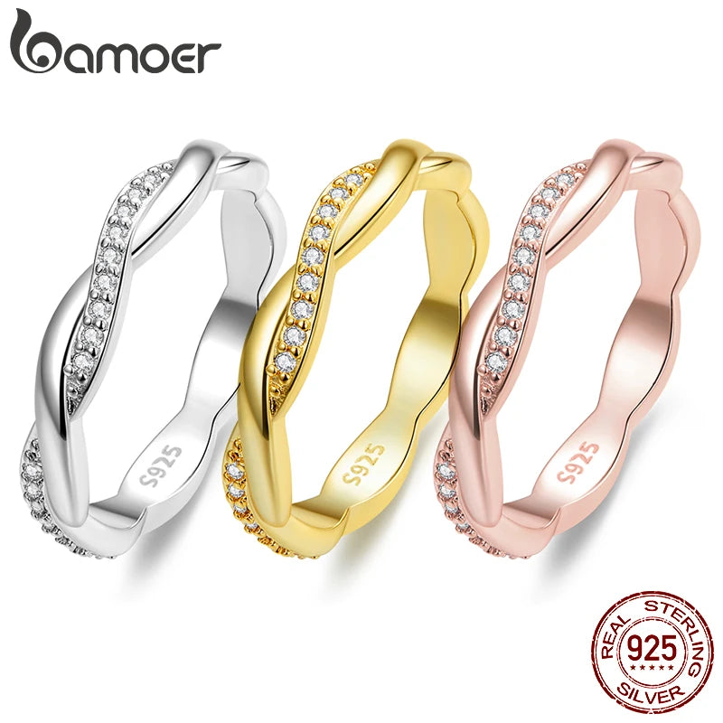 BAMOER 925 Silver Twisted CZ Gold Ring for Women