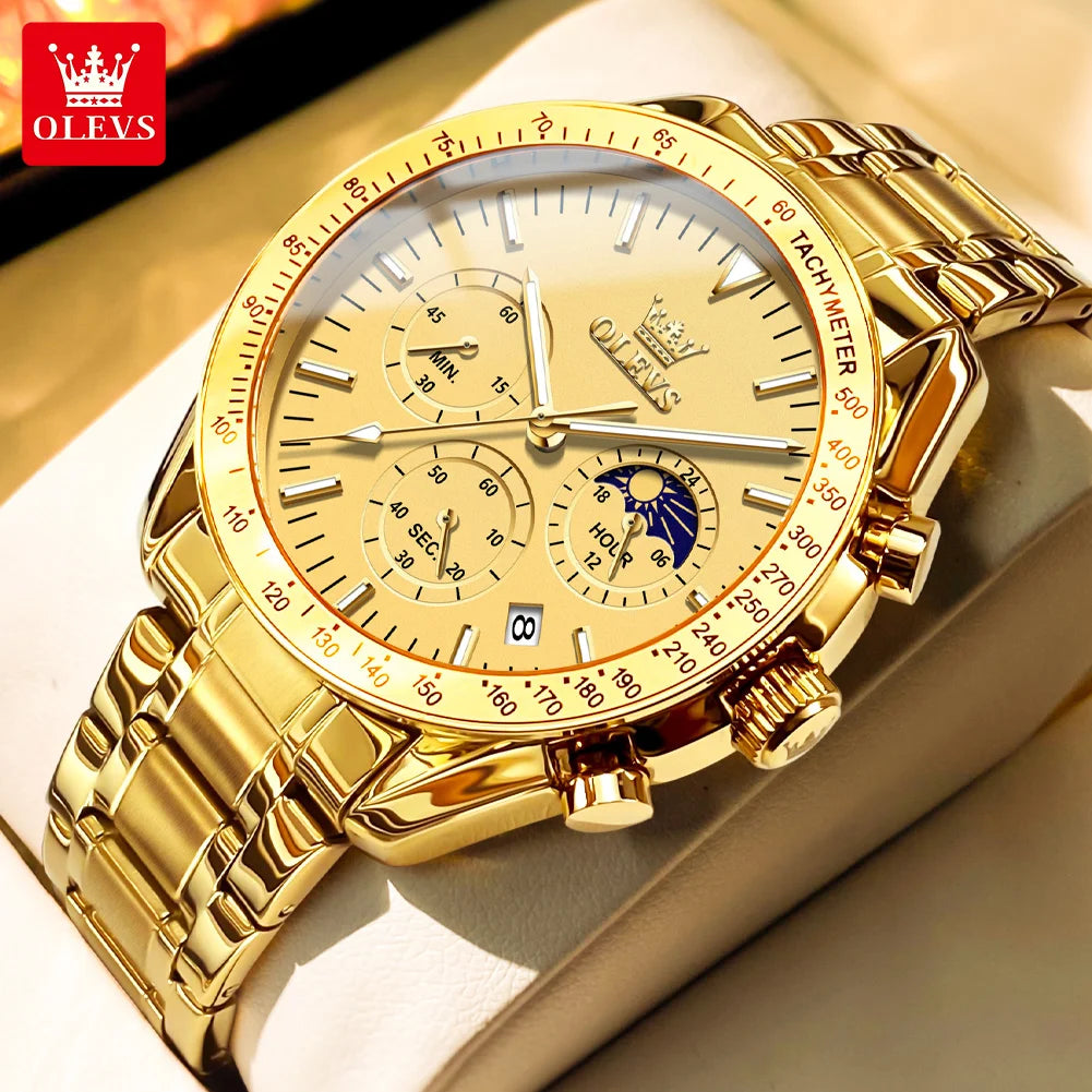 OLEVS Men’s Fashion Skeleton Quartz Watch – Moon Phase, Luminous, Calendar, Waterproof Chronometer