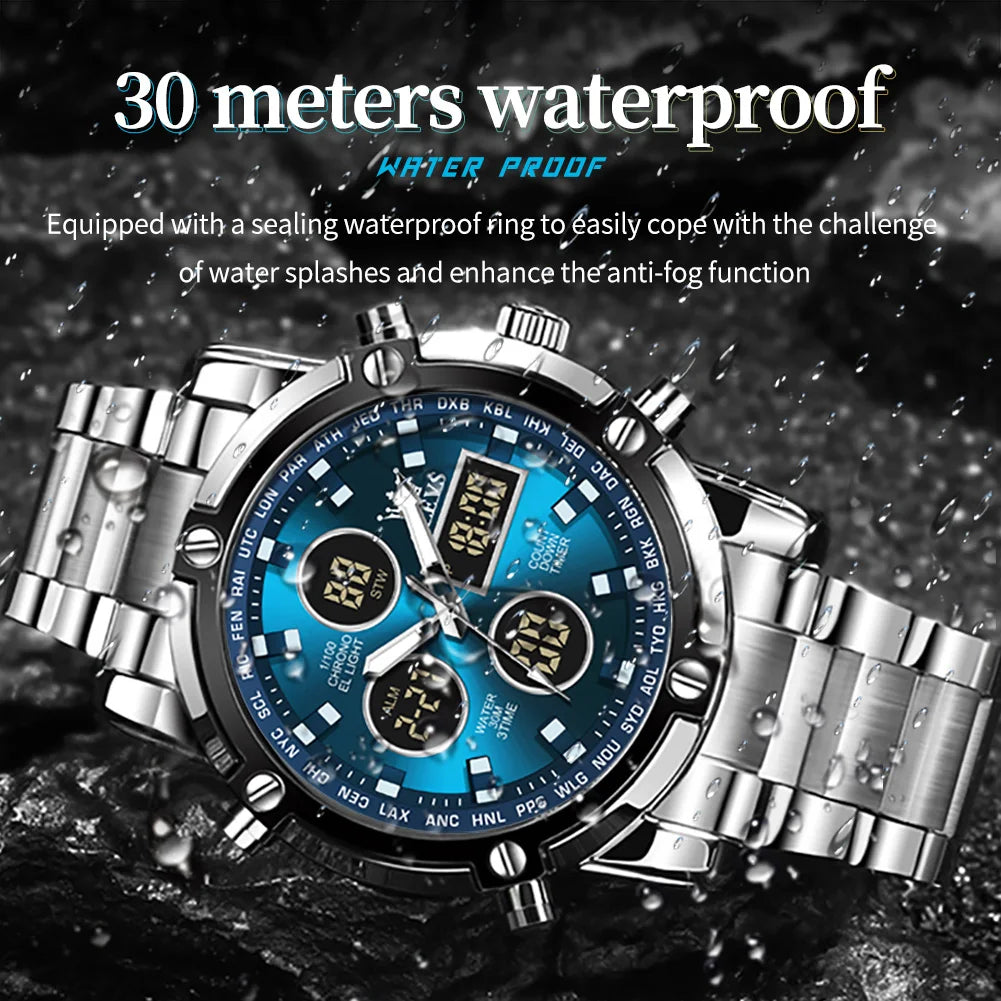 OLEVS Men’s LED Display Watch – Stainless Steel, Waterproof, Quartz, Trendy Sports & Fashion Design