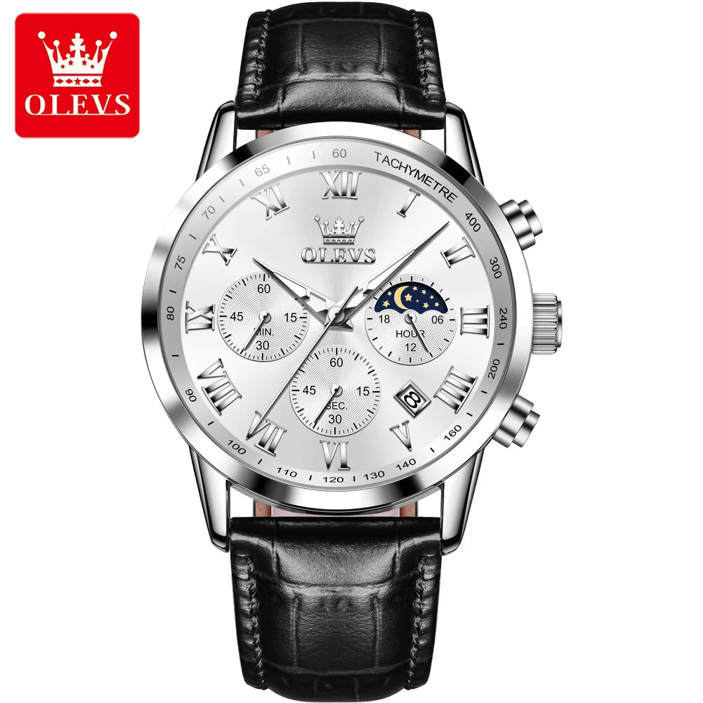 OLEVS Men’s Luxury Quartz Watch – Leather Strap, Waterproof, Moon Phase, Sport & Business Design