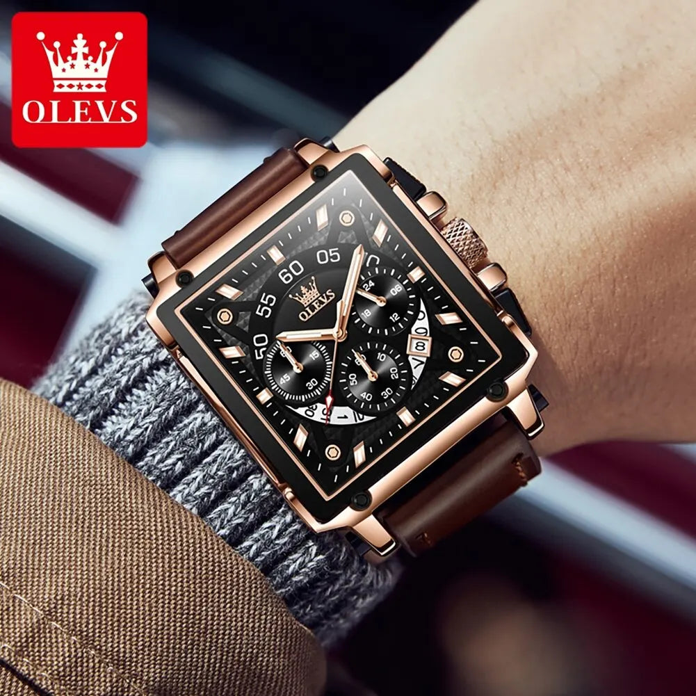 OLEVS Men’s Square Quartz Watch – Leather Strap, Waterproof, Sporty & Elegant Design