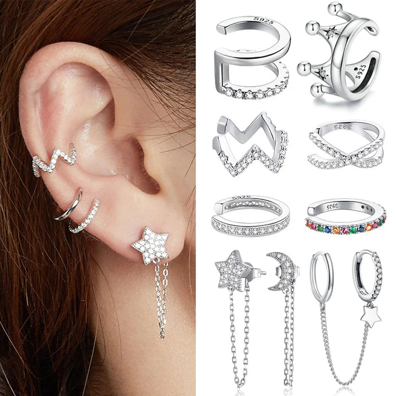 BAMOER 925 Sterling Silver CZ Mono-Earring Clip – Platinum Plated Stud for Women
